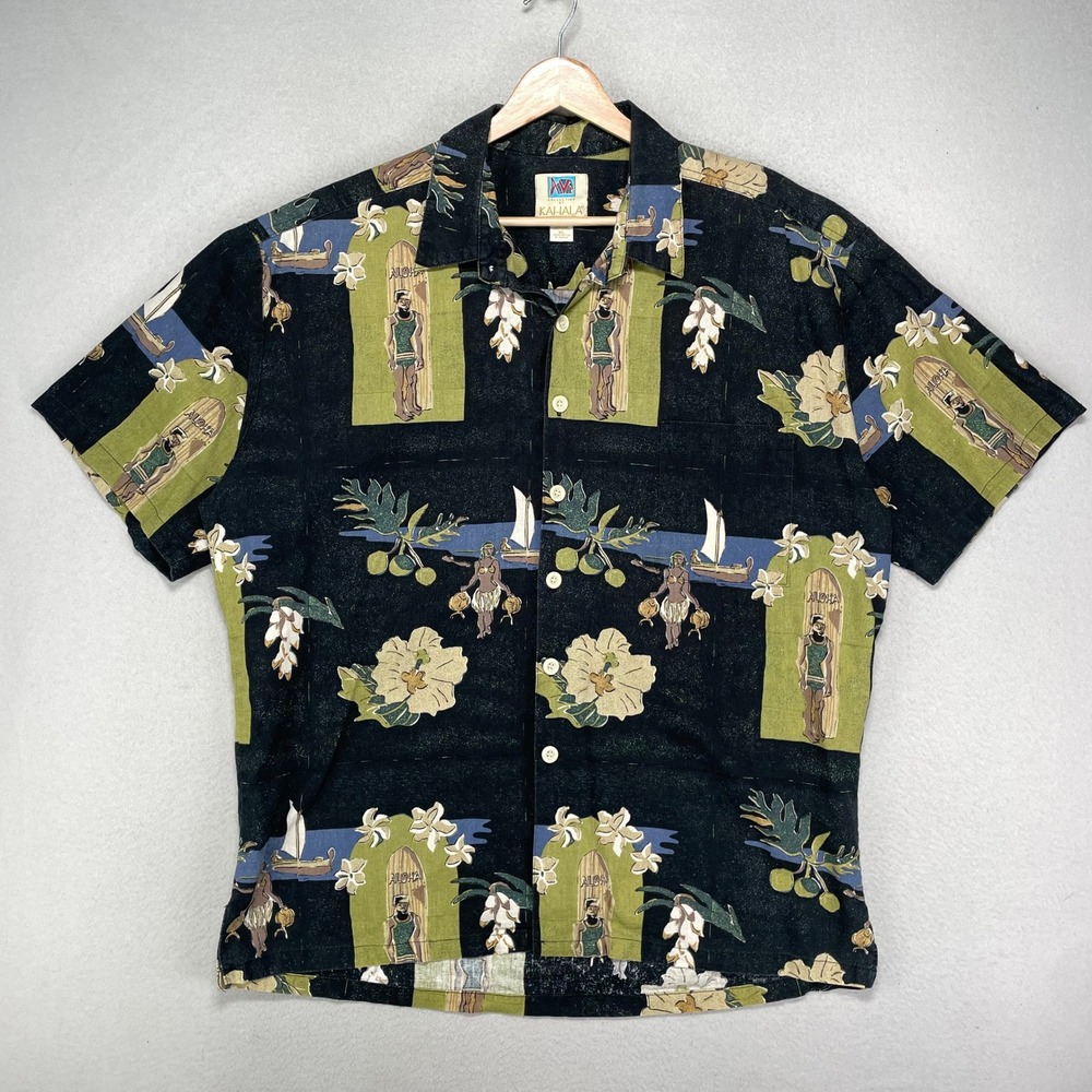 Vintage Kahala AVi Camp Shirt Mens XL Black Hemp Blend Island People Rare Floral